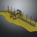 Barbed Wire Fence with Metal Gate Frame and Concrete Base on Grass Ground