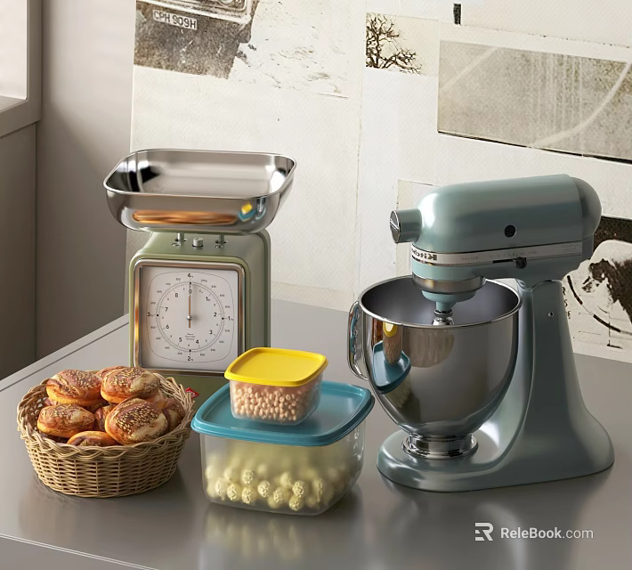 Kitchen Counter With Silver Scale Light Blue Mixer Bread Basket And Storage Containers 3d model 