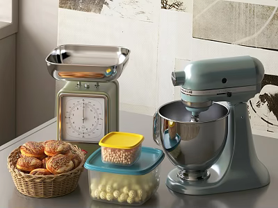 Kitchen Counter With Silver Scale Light Blue Mixer Bread Basket And Storage Containers 3d model