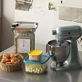 Kitchen Counter With Silver Scale Light Blue Mixer Bread Basket And Storage Containers 3d model