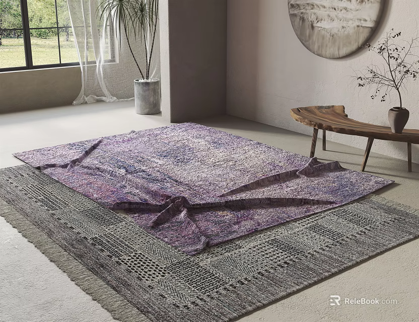 Purple and Gray Patterned Square Rug in Modern Living Room with Plant and Wall Decor 3d model 