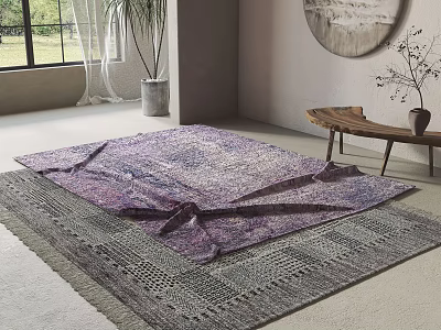 Purple and Gray Patterned Square Rug in Modern Living Room with Plant and Wall Decor 3d model