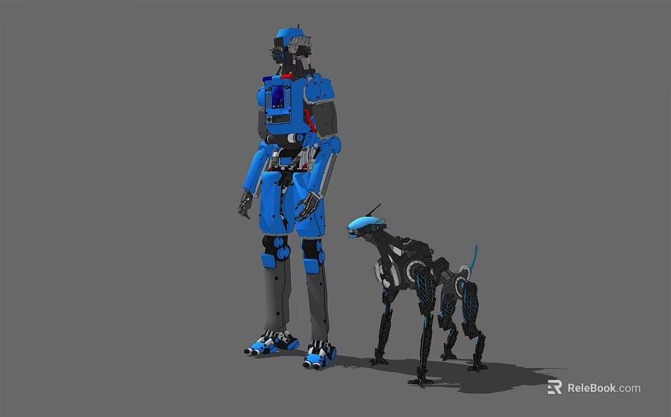 Smart Machines With Blue Humanoid Robot And Black Robotic Dog Standing Together 3d model 