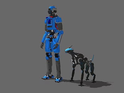 Smart Machines With Blue Humanoid Robot And Black Robotic Dog Standing Together 3d model
