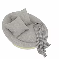 Single Sofa Light Gray Plush Round Shape With Gold Base Cushions And Checkered Blanket 3d model