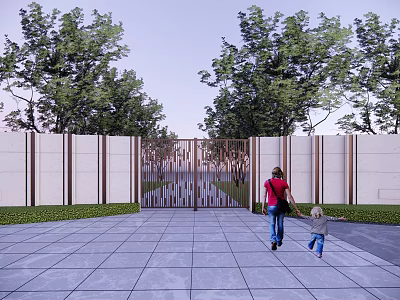 Entrance Gate With Metal Grid Design Tall Walls Green Trees And Adult Child Walking Towards 3d model