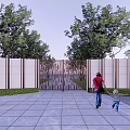 Entrance Gate With Metal Grid Design Tall Walls Green Trees And Adult Child Walking Towards