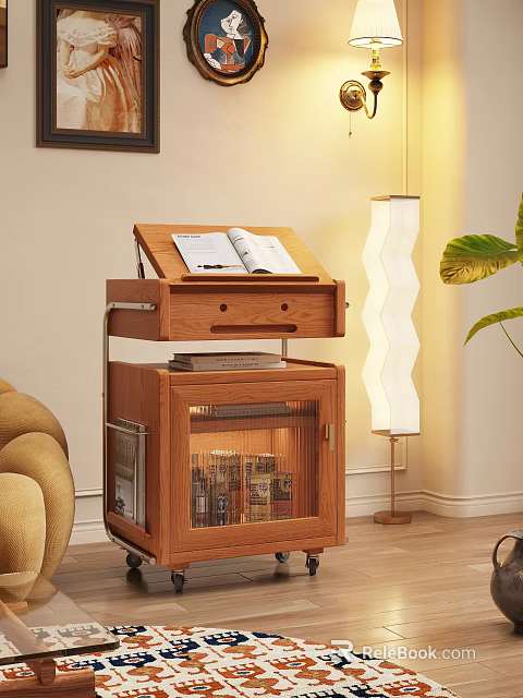 Wooden Side Table With Open Book And Glass Door Storage In Cozy Living Room 3d model 