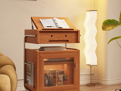 Wooden Side Table With Open Book And Glass Door Storage In Cozy Living Room 3d model