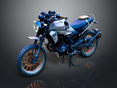 Vintage Blue and White Motorcycle with Classic Design Large Tires and Leather Seat 3d model
