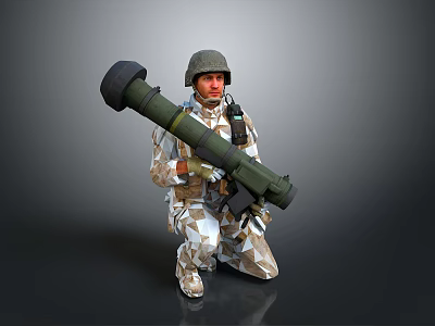 Woman in Camouflage Uniform Kneeling with Large Green Weapon and Helmet 3d model