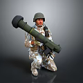 Woman in Camouflage Uniform Kneeling with Large Green Weapon and Helmet