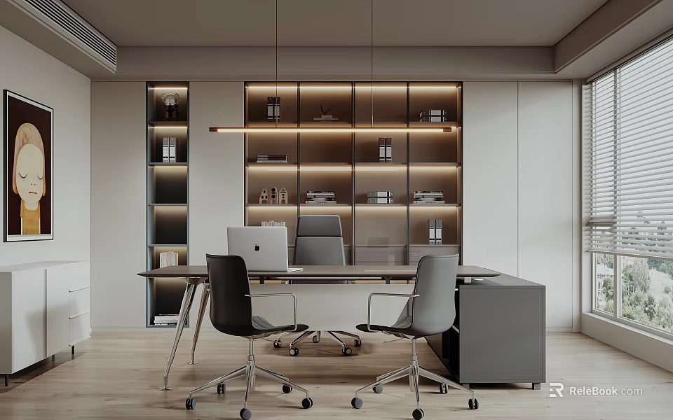 Modern Office Interior Design With Wooden Desk Ergonomic Chairs And Built In Bookshelves 3d model 