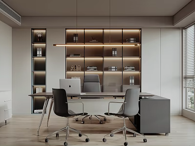 Modern Office Interior Design With Wooden Desk Ergonomic Chairs And Built In Bookshelves 3d model