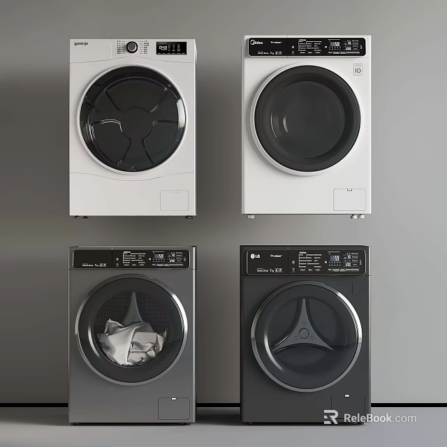 Different Models of Washing Machines in White and Black with Control Panels 3d model 