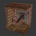Medieval Cannon Weapon Display Featuring Wooden Structure And Barrels
