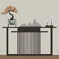 Chinese Style Entryway Console Cabinet Design With Wooden Lattice And Bonsai Decor