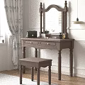 Vintage Wooden Dressing Table with Mirror Matching Stool and Decorative Tabletop Items