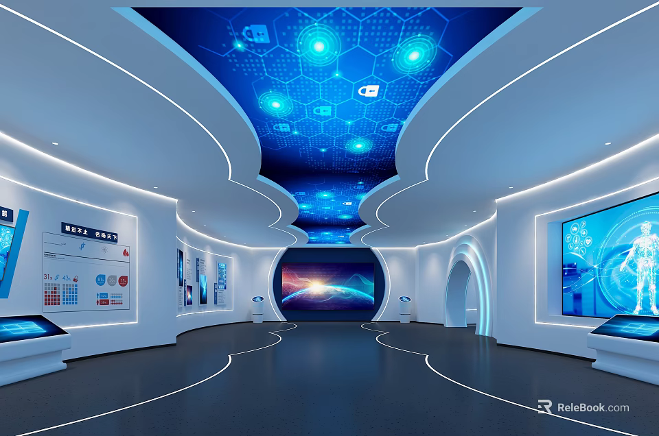 Modern Tech Exhibition Hall Interior With Curved Design Blue Ceiling And Large Screen 3d model 