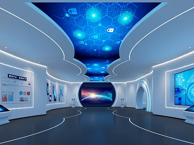 Modern Tech Exhibition Hall Interior With Curved Design Blue Ceiling And Large Screen 3d model