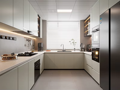 Sleek Modern Kitchen Interior With White Cabinets Black Appliances And Light Countertop 3d model