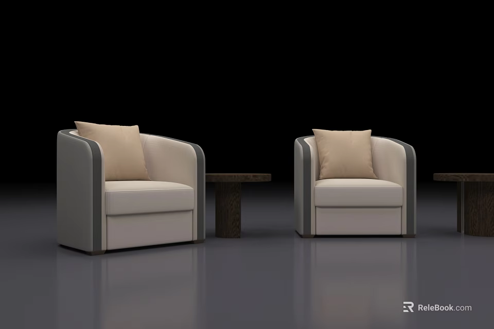 Leisure Sofa Set with Two Chairs Beige Cushions Gray Frames and Small Side Tables 3d model