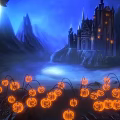 Enchanted Night Scene With Castle Mountain Glowing Pumpkin Lanterns And Moonlit Lake