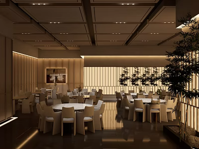 Elegant Banquet Hall Interior With Round Tables White Chairs And Ceiling Lighting 3d model