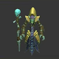 Woman Wizard Character With Blue Skin Golden Helmet Purple Robe And Skull Staff