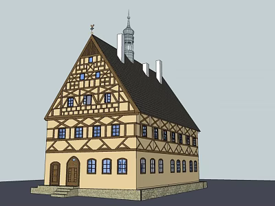 Traditional European Half Timbered Building With Gabled Roof Tower And Windows 3d model