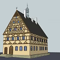 Traditional European Half Timbered Building With Gabled Roof Tower And Windows