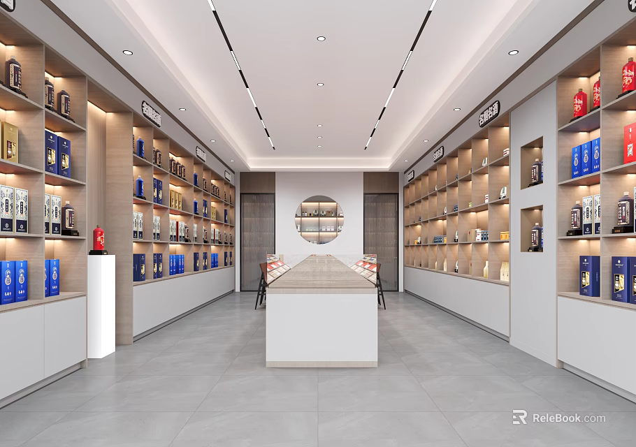Spacious Modern Tobacco and Liquor Store with Shelves Counter and Displayed Products 3d model 