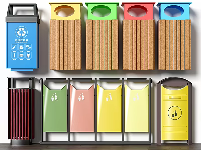 Public Waste Sorting Facilities with Colorful Trash Bins and Different Designs 3d model