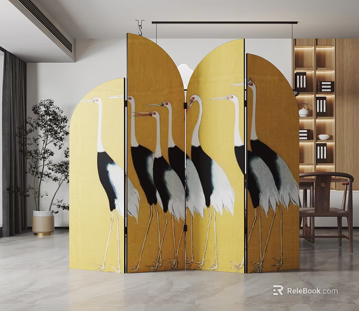 Decorative Modern Yellow Folding Screen With Crane Pattern For Interior Design 3d model