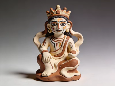 Terracotta Landscape Sculpture Of Seated Figurine With Crown Painted Face And Curled Hair 3d model