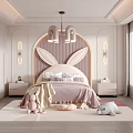 Cozy Kids Room With Bunny Ear Headboard Pink Bedding Chandelier And Stuffed Toys