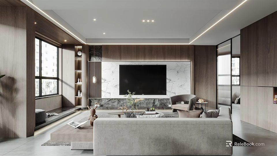 Modern Living And Dining Room Interior With Sofa Marble TV Wall Green Plants And Windows 3d model 