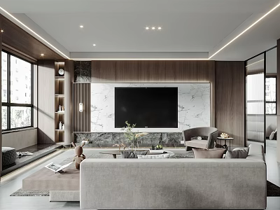 Modern Living And Dining Room Interior With Sofa Marble TV Wall Green Plants And Windows 3d model