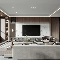 Modern Living And Dining Room Interior With Sofa Marble TV Wall Green Plants And Windows