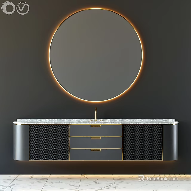 Elegant Bathroom Vanity With Circular Backlit Mirror Marble Countertop Gold Accent Drawers Dark Background 3d model 