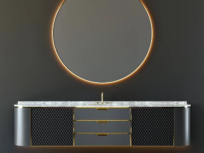 Elegant Bathroom Vanity With Circular Backlit Mirror Marble Countertop Gold Accent Drawers Dark Background 3d model