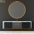 Elegant Bathroom Vanity With Circular Backlit Mirror Marble Countertop Gold Accent Drawers Dark Background