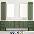 Modern Bathroom Mirror With Double Sinks Green Cabinets And Gold Faucets On White Countertop
