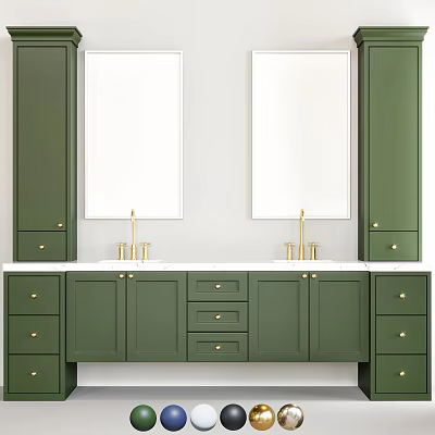 Modern Bathroom Mirror With Double Sinks Green Cabinets And Gold Faucets On White Countertop 3d model
