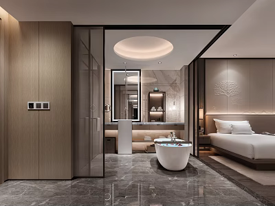 Modern Hotel Guest Room With Freestanding Bathtub Comfortable Bed And Marble Flooring 3d model