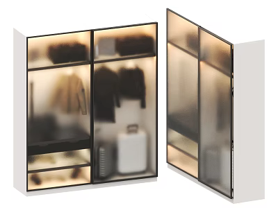 Modern Illuminated Wardrobe With Glass Doors Hanging Clothes And Storage Shelves 3d model