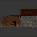 Cartoon Farm Scene With Small And Large Red Brown Barns And Wooden Fence