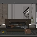 Modern Bedroom Interior With Beige Headboard Blanket Nightstands Pendant Lights Decorative Painting Elephant Decor