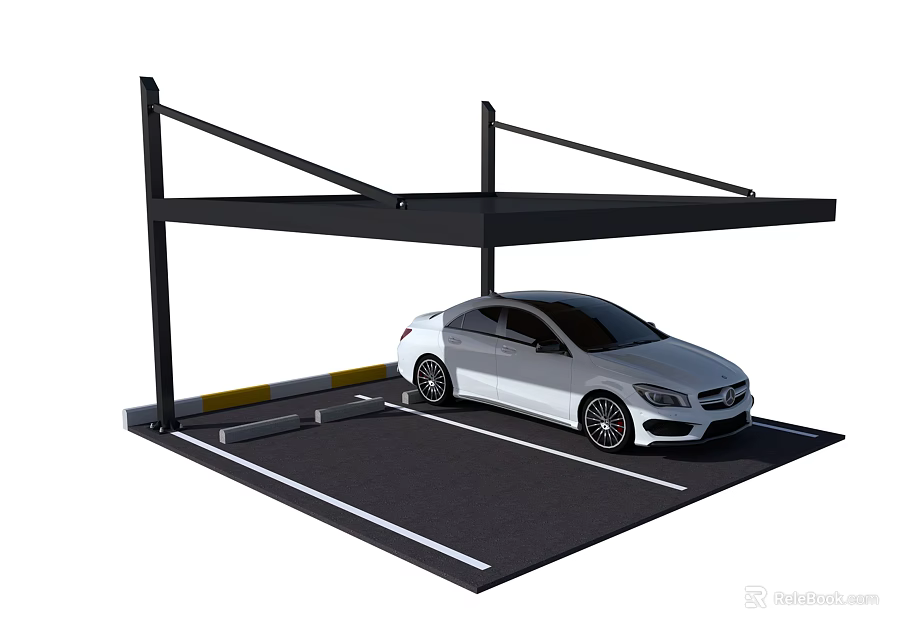 Black Metal Frame Carport With White Sedan Parked In Designated Parking Space 3d model 