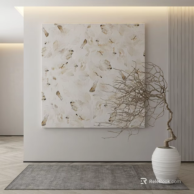 Abstract White Canvas Painting With Gold Patterns And Decorative Branch In Vase 3d model 